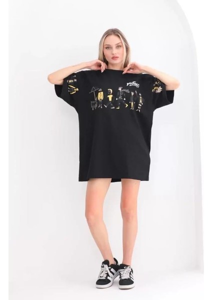 Unisex Bisiklet Yaka Baskılı Oversize T-Shirt - Siyah fiyatları