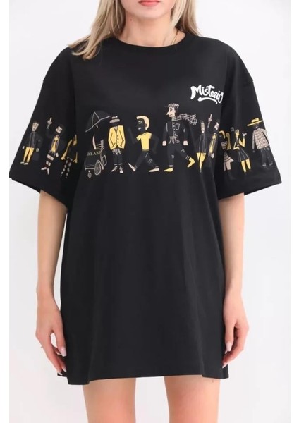 Unisex Bisiklet Yaka Baskılı Oversize T-Shirt - Siyah indirimleri