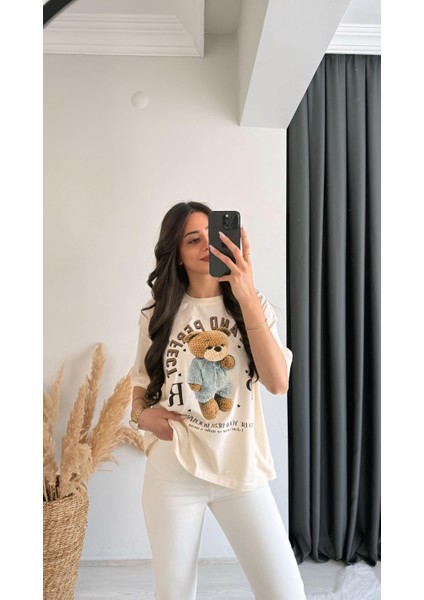 Teddy Baskılı Pamuklu Basic Tshirt Bej