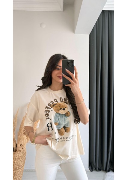 Teddy Baskılı Pamuklu Basic Tshirt Bej fırsatları