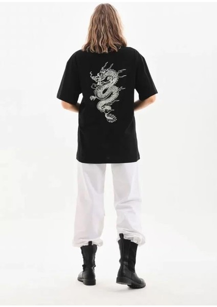 Unisex Baskılı Oversize T-Shirt - Siyah