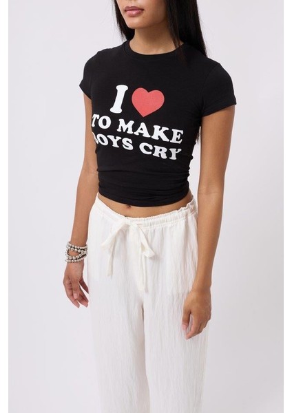 Nakış Detay Baskılı Crop T-Shirt