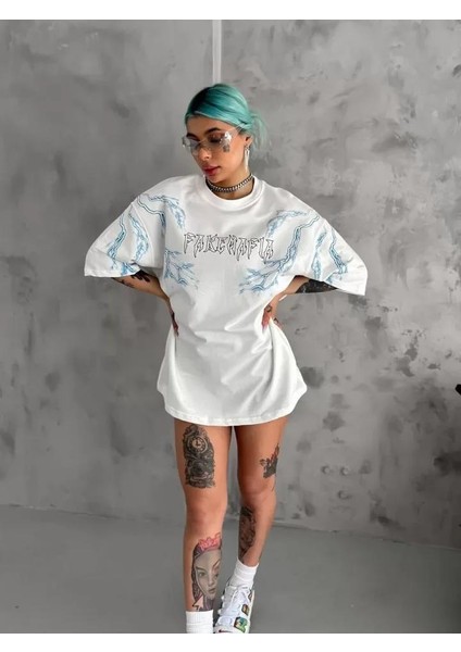 Unisex Bisiklet Yaka Baskılı Oversize T-Shirt - Beyaz fırsatları