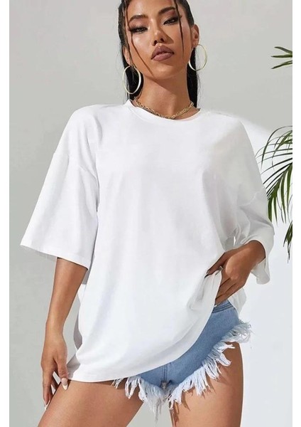 Unisex Baskılı Oversize T-Shirt - Beyaz modelleri