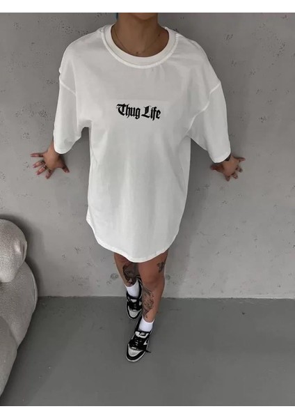 Unisex Bisiklet Yaka Baskılı Oversize T-Shirt - Beyaz fiyatları