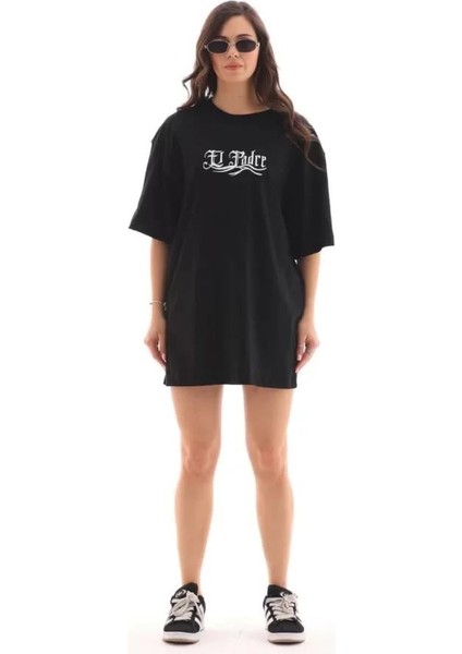 Unisex Bisiklet Yaka Baskılı Oversize T-Shirt - Siyah