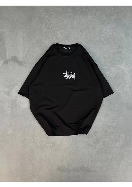 Unisex Bisiklet Yaka Baskılı Oversize T-Shirt - Siyah