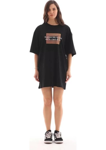 Unisex Bisiklet Yaka Baskılı Oversize T-Shirt - Siyah