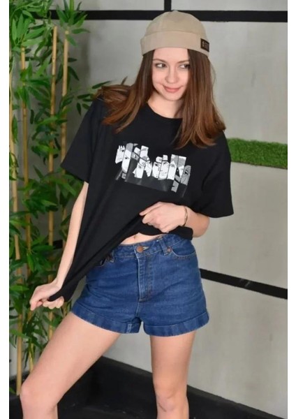 Unisex Bisiklet Yaka Baskılı Oversize T-Shirt - Siyah
