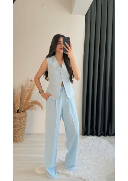 Beauty Beli Düğmeli Kumaş Pantalon Mavi