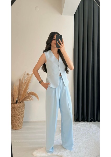 Beauty Beli Düğmeli Kumaş Pantalon Mavi modelleri
