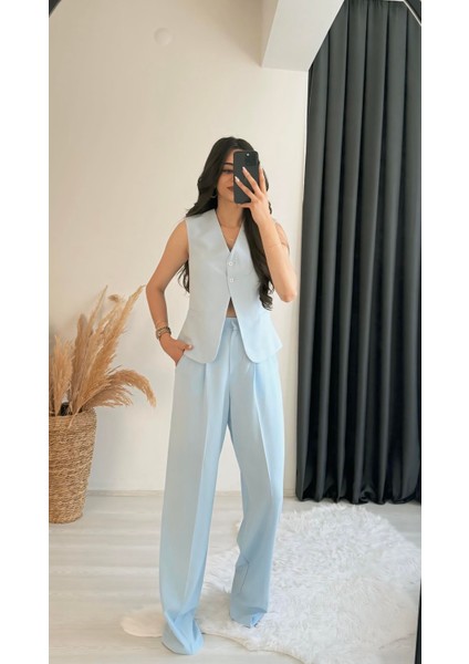Beauty Beli Düğmeli Kumaş Pantalon Mavi indirimleri