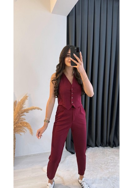Diano Beli Düğmeli Likralı Palazzo Bordo Pantalon