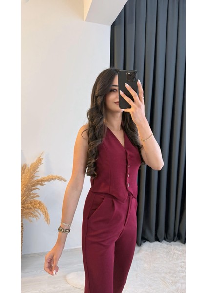 Diano Beli Düğmeli Likralı Palazzo Bordo Pantalon indirimleri