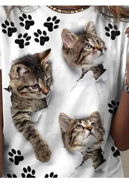 Kadın Kısa Kollu Kedi ve Pati Baskılı Süprem T-Shirt