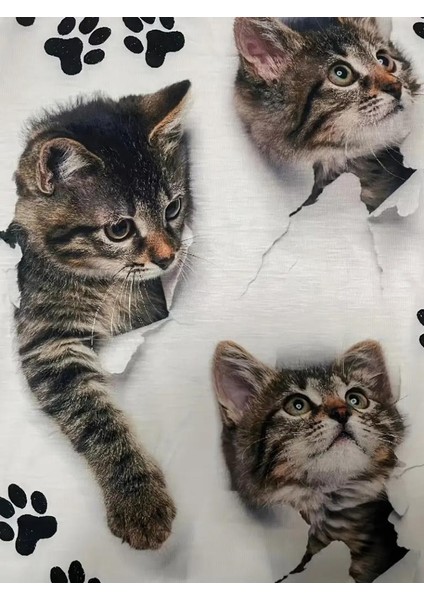 Kadın Kısa Kollu Kedi ve Pati Baskılı Süprem T-Shirt