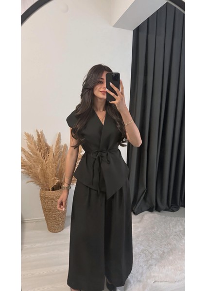 Eloya Klasik Kumaş Bol Paça Pantolon Beli Ipli Yelek Takım Siyah