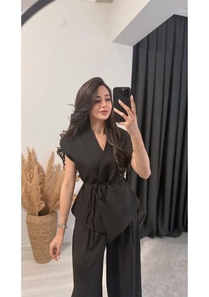Eloya Klasik Kumaş Bol Paça Pantolon Beli Ipli Yelek Takım Siyah modelleri