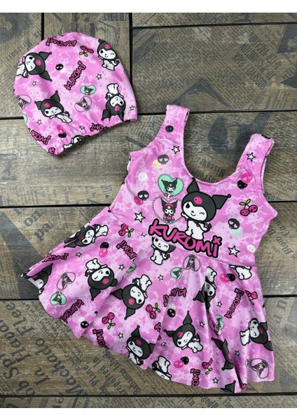 Kuromi Kız Çocuk Uv Korumalı Volanlı Mayo ve Bone Havuz Deniz Takımı