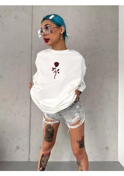 Unisex Bisiklet Yaka Baskılı Oversize T-Shirt - Beyaz fiyatları