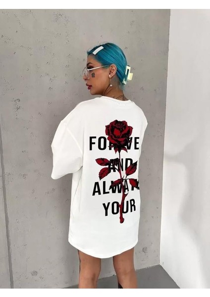 Unisex Bisiklet Yaka Baskılı Oversize T-Shirt - Beyaz modelleri