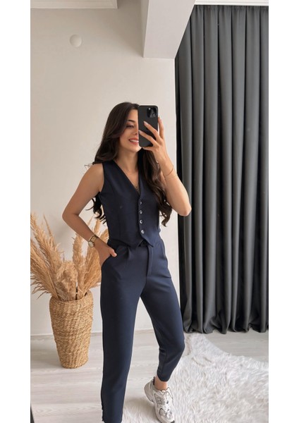 Diano Beli Düğmeli Likralı Palazzo Lacivert Pantalon modelleri