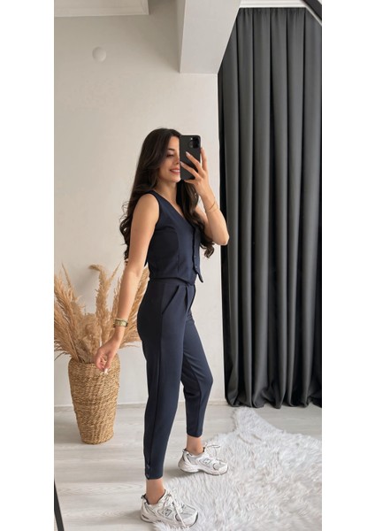 Diano Beli Düğmeli Likralı Palazzo Lacivert Pantalon fırsatları