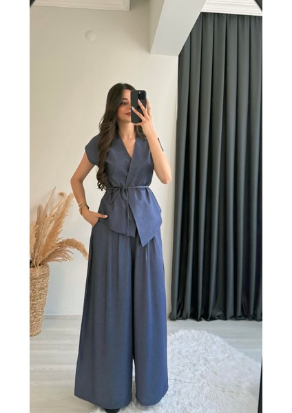 Eloya Denim Kumaş Bol Paça Pantolon Beli Ipli Yelek Takım Mavi