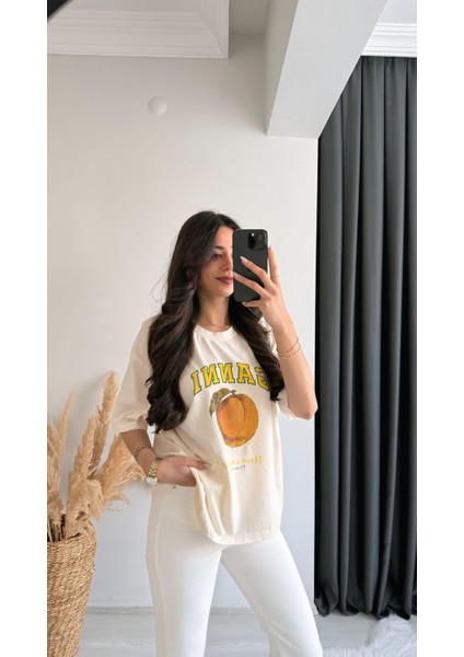 Ganni Yazılı Baskılı Pamuklu Basic Tshirt Ekru Sarı fiyatları