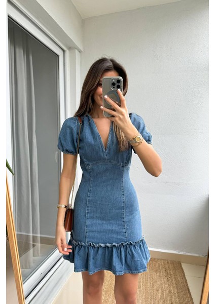 Kadın Volan Etekli Puf Kollu V Yaka Mini Kot Elbise NBNP006