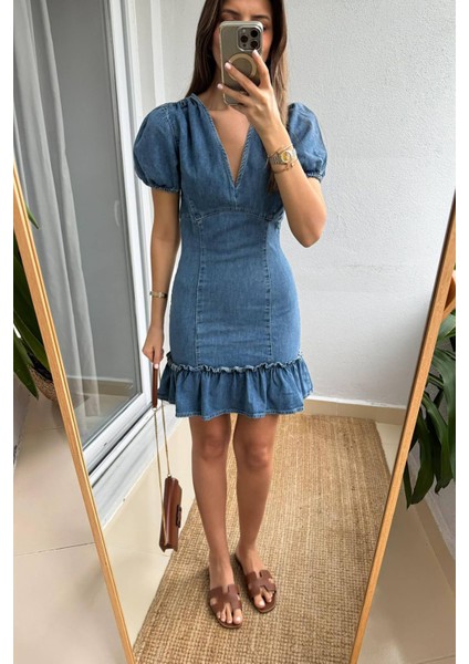 Kadın Volan Etekli Puf Kollu V Yaka Mini Kot Elbise NBNP006 fiyatları