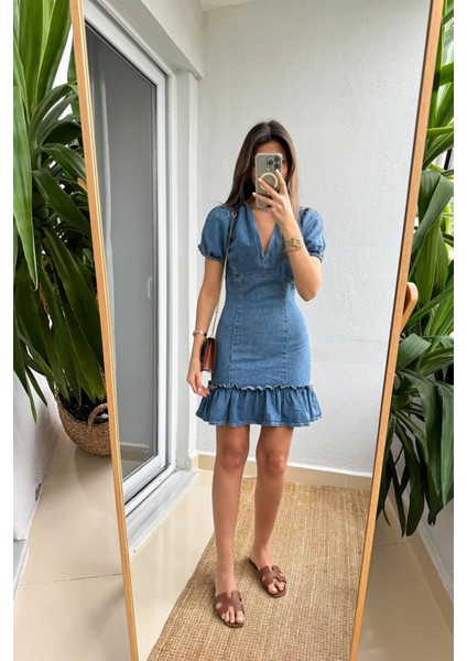 Kadın Volan Etekli Puf Kollu V Yaka Mini Kot Elbise NBNP006 modelleri