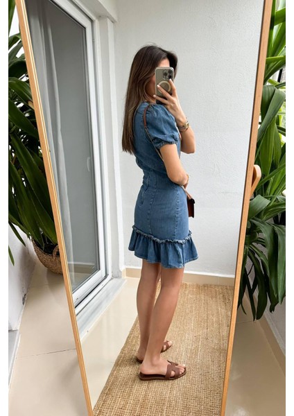 Kadın Volan Etekli Puf Kollu V Yaka Mini Kot Elbise NBNP006 fırsatları