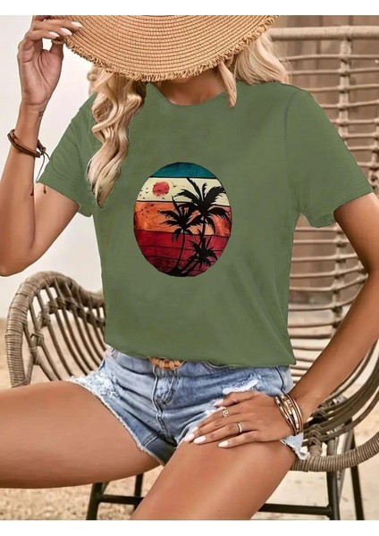 Kadın Kısa Kollu Palmiye Baskılı Viskon T-Shirt fırsatları