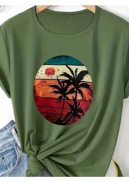 Kadın Kısa Kollu Palmiye Baskılı Viskon T-Shirt indirimleri