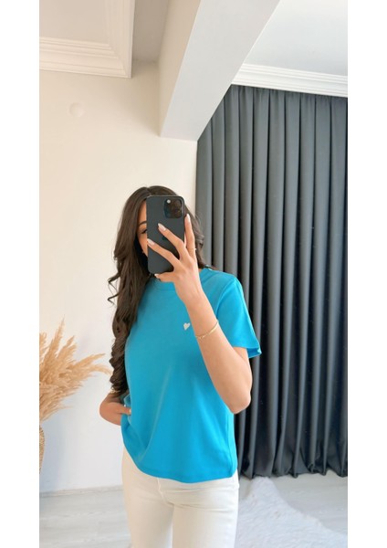 Dimit Dilvin Bisiklet Yaka Kalp Işlemeli Tshirt Mavi