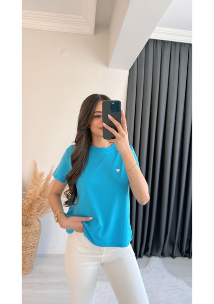 Dimit Dilvin Bisiklet Yaka Kalp Işlemeli Tshirt Mavi indirimleri