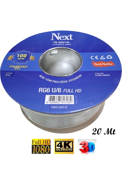 U6/64 Tel (20 Mt) Hazır Gold Uçlu Next Anten Kablosu Full Hd 3D 4K (Hazır Tak Kullan)