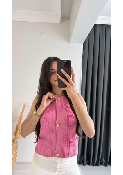 Freja Gold Düğmeli Triko Hırka Pembe modelleri