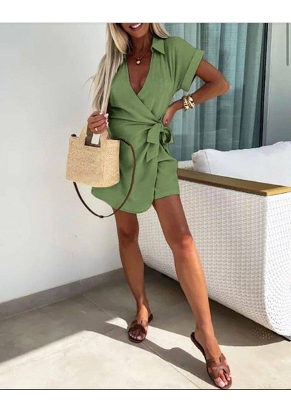 Kadın Keten Kumaş Gizli Fermuar ve Belde Kuşak Detaylı Tulum