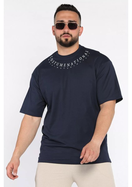 Erkek Yaka Baskılı Oversize Tişört P-00017399