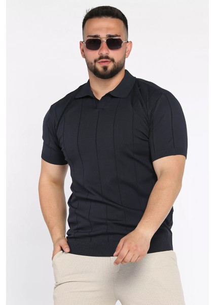 Erkek Polo Yaka Kendinden Çizgi Desenli Tişört P-00017365