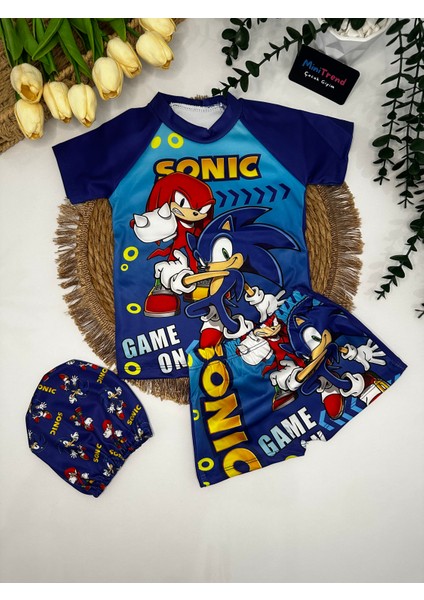Sonic Erkek Çocuk Uv Korumalı 3’lü Havuz Deniz Mayo Takımı Şort Tişört Boneli