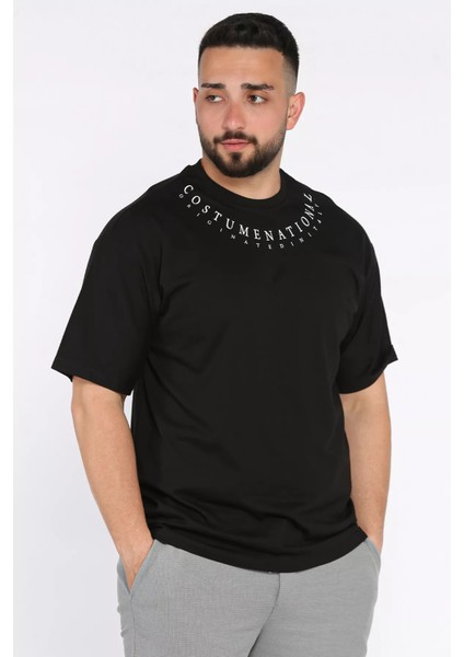 Erkek Yaka Baskılı Oversize Tişört P-00017399