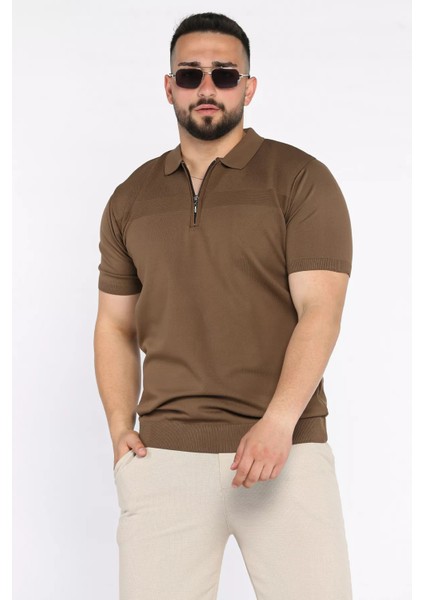 Erkek Polo Yaka Yarım Fermuarlı Kendinden Desenli Tişört P-00017366