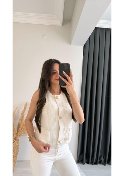 Freja Gold Düğmeli Triko Hırka Ekru