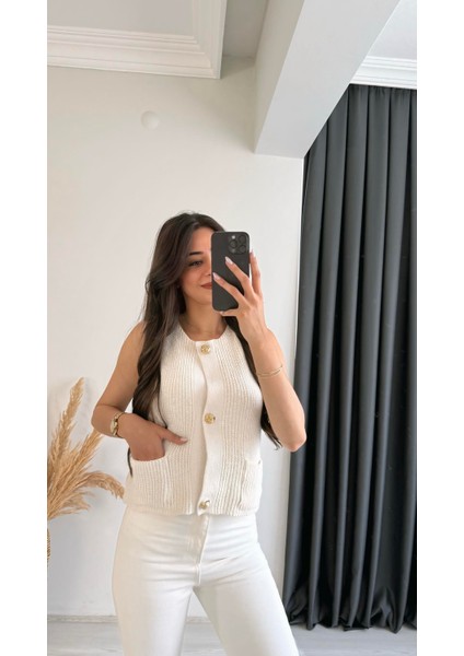 Freja Gold Düğmeli Triko Hırka Ekru modelleri