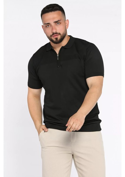 Erkek Polo Yaka Yarım Fermuarlı Kendinden Desenli Tişört P-00017366