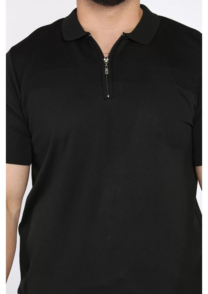 Erkek Polo Yaka Yarım Fermuarlı Kendinden Desenli Tişört P-00017366 fırsatları