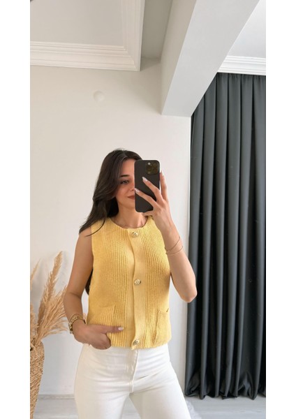 Freja Gold Düğmeli Triko Hırka Sarı